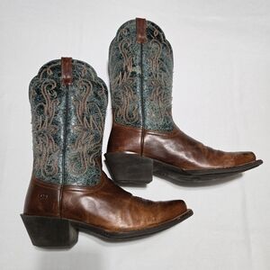 Ariat Woman Legend Square Toe Leather Brown Teal Pull On Western Boots sz 9B